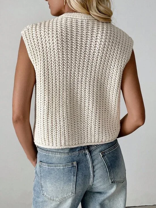 Apricot Casual Women's V-Neck Ribbed Knitted Cardigan Sweater Vest - Picture 2 of 7